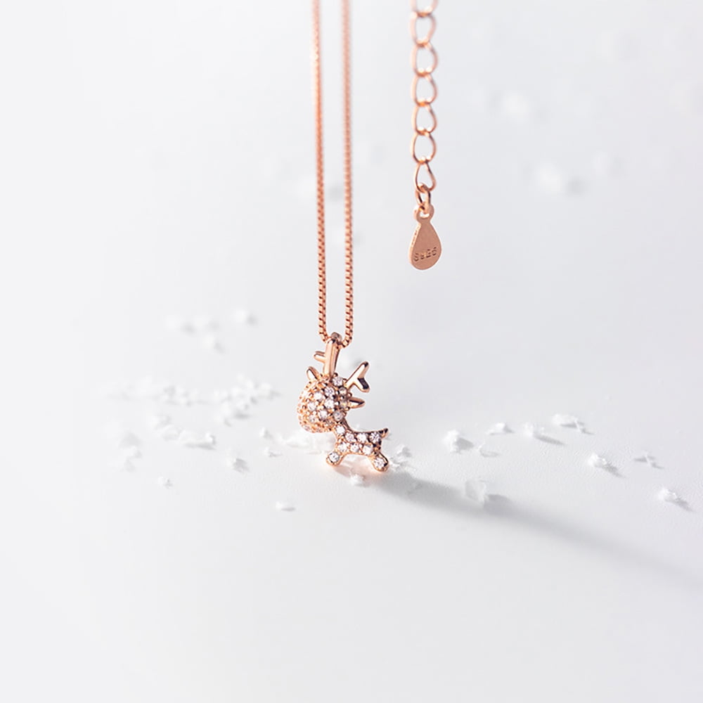 Rose Gold Reindeer Glitter Pendant Necklace 925 Sterling Silver Xmas Jewelry Christmas Gifts for her, Stocking Filler