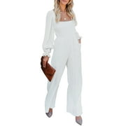 Astylish Ruffle Long Sleeve Jumpsuits for Women Square Neck Wide Leg Rompers High Waisted Solid Color Jumpsuit Female S-XL