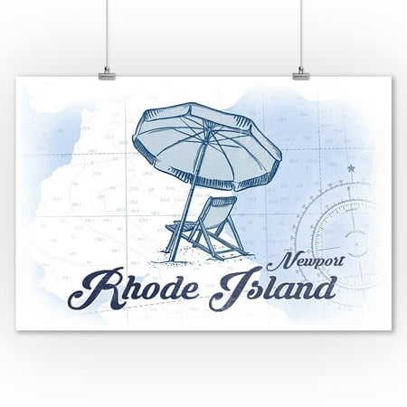 Newport, Rhode Island - Beach Chair & Umbrella - Blue - Coastal Icon - Lantern Press Artwork (9x12 Art Print, Wall Decor Travel