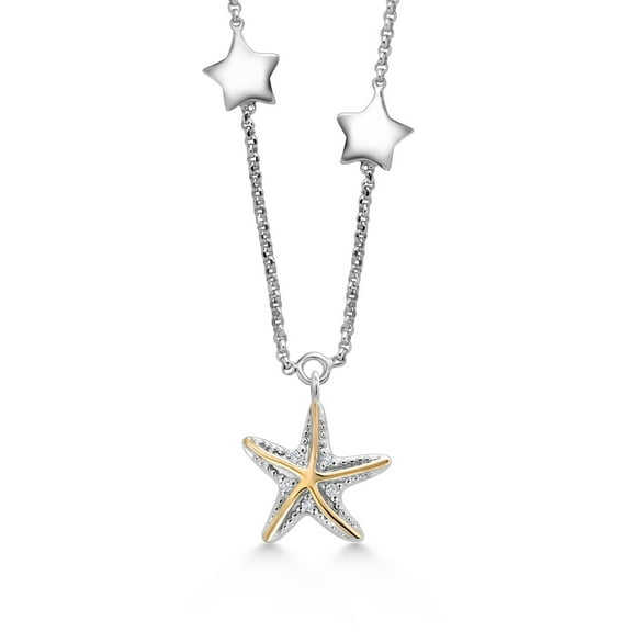 Gem Stone King Made in Italy Star Chain Necklace for Women with Ocean Charms Set with Moissanite and Lab Grown Diamond | 925 Silver and 10K Yellow Gold | 18 inch