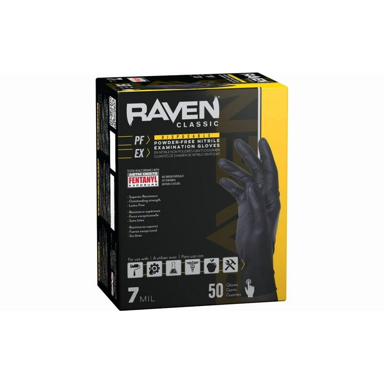 Raven Powder-Free Exam Grade Nitrile Disposable Gloves, Black, 7