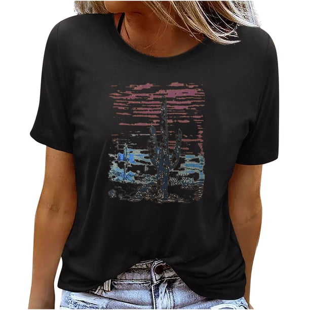 Blusa informal de manga corta con cuello redondo y estampado de verano a la moda para mujer Pompotops hfajkhk134639