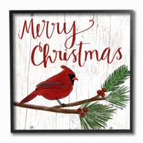 Stupell Industries Merry Christmas Red Bird Wood Texture Holiday Word DesignFramed Wall Art By Artist Katie Doucette