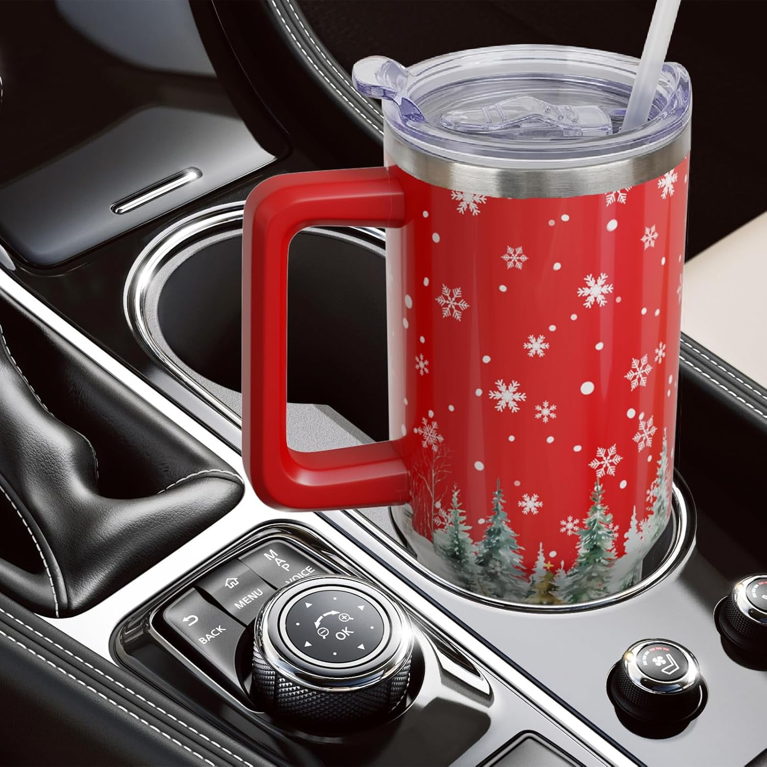 40oz Christmas Tumbler With Handle Lid and Straw, Stainless Steel Pink Xmas Snowman Insulated Coffee Cup, Christmas Gifts for Women/Mom/Daughter/Aunt/Girlfriend