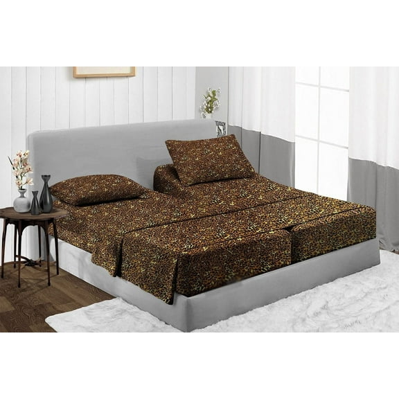 Split California King Sheets Sets for Adjustable Bed - 1000-Thread-Count 100% Egyptian Cotton, Sateen Weave 15-Inches Deep Pockets 1000-TC Bedsheet - Leopard Print