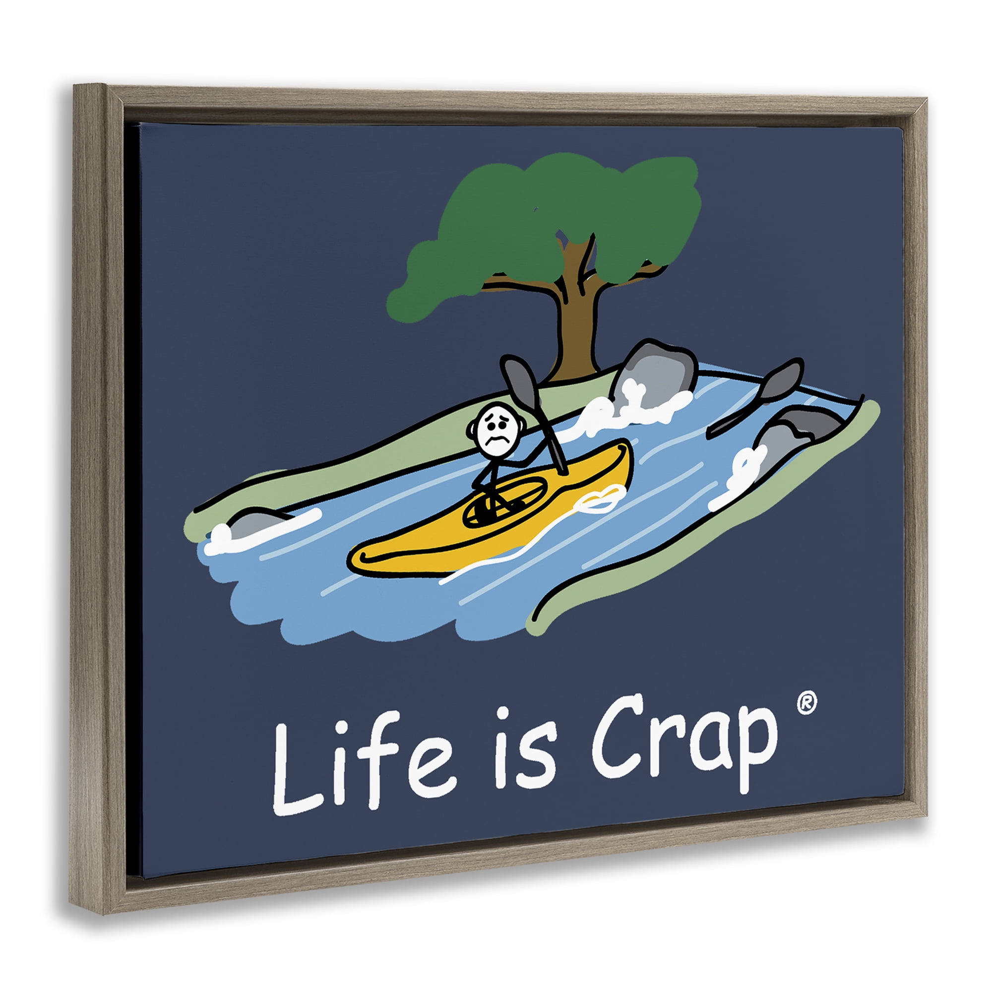 Stupell Industries Life Is Crap Kayaker Novelty & Humor Painting Brown Floater Framed Canvas Art Print Wall Art, 21 x 17