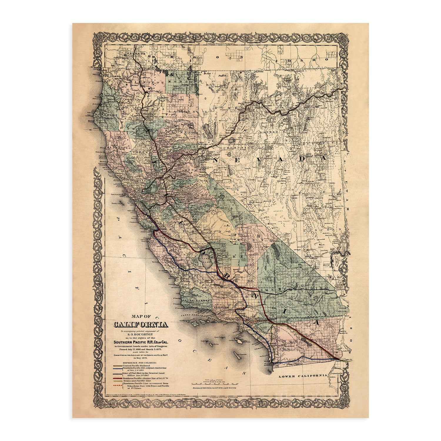 喜ばれる誕生日プレゼント Wall Map Vintage - California of Map 1876 Art of Map - 絵画