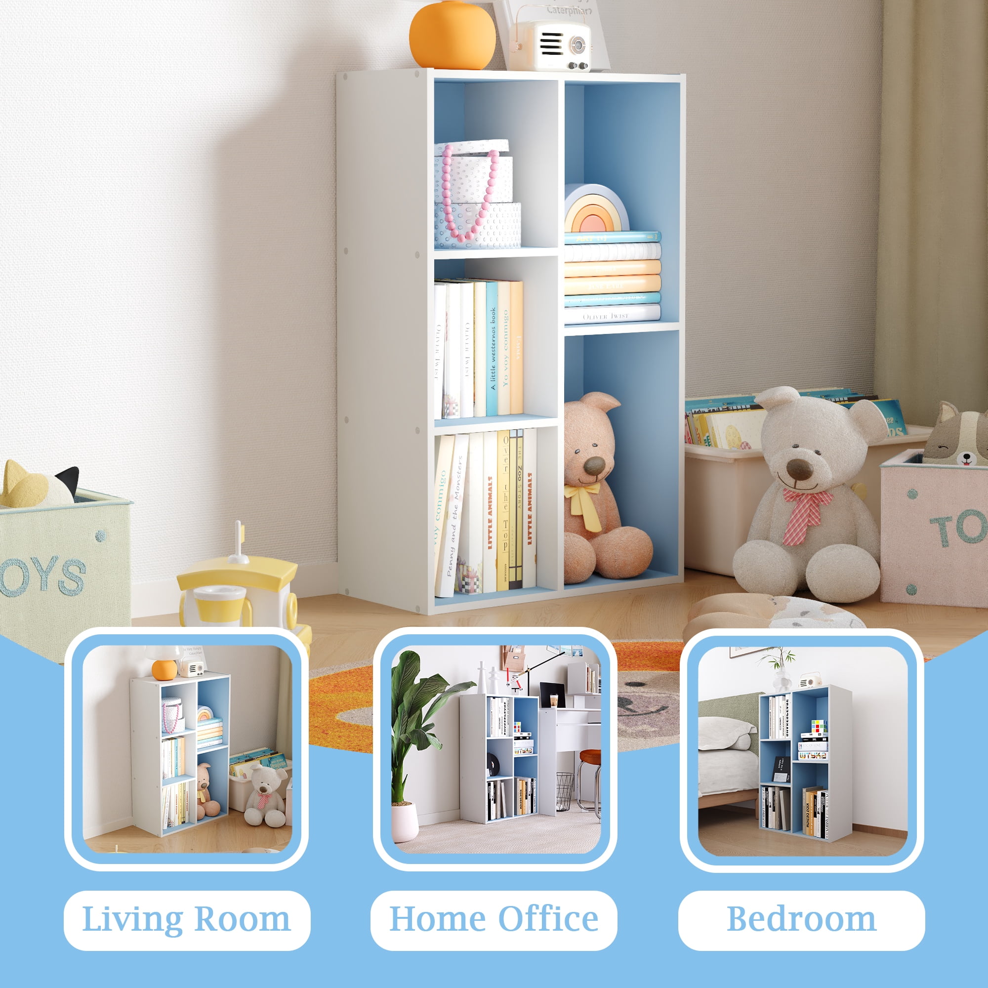 HOMLUX 5-Cube 31.5" Wooden Reversible Open Bookcase for Office, Living Room, White & Light Blue