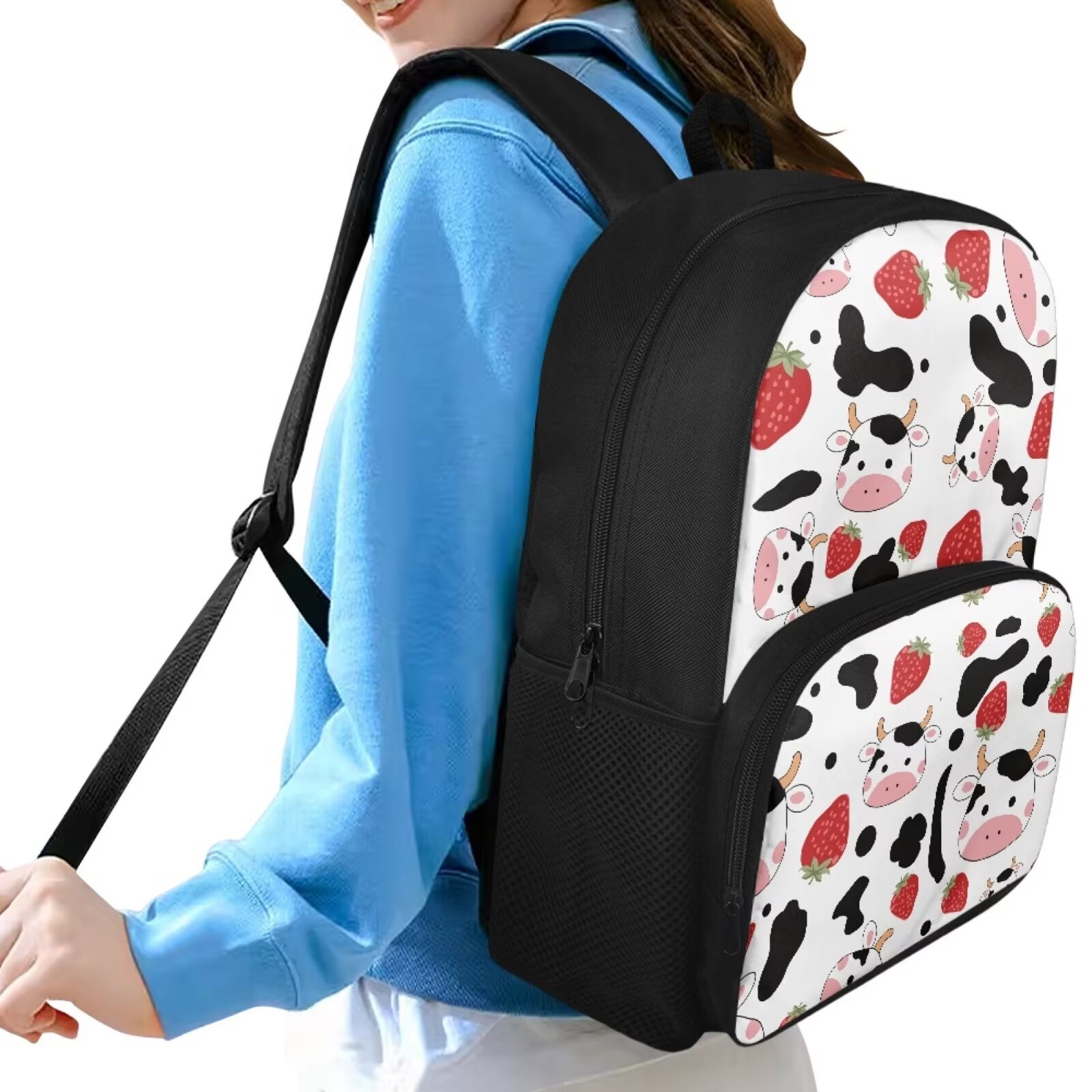 FOR U DESIGNS Portable Backpacks for High School Girsl Casual Bookbag with 2 Sides Pockets, Cow Print Strawberry School Bags Work Office Laptop Bag Leisure Daypack Storage Purse
