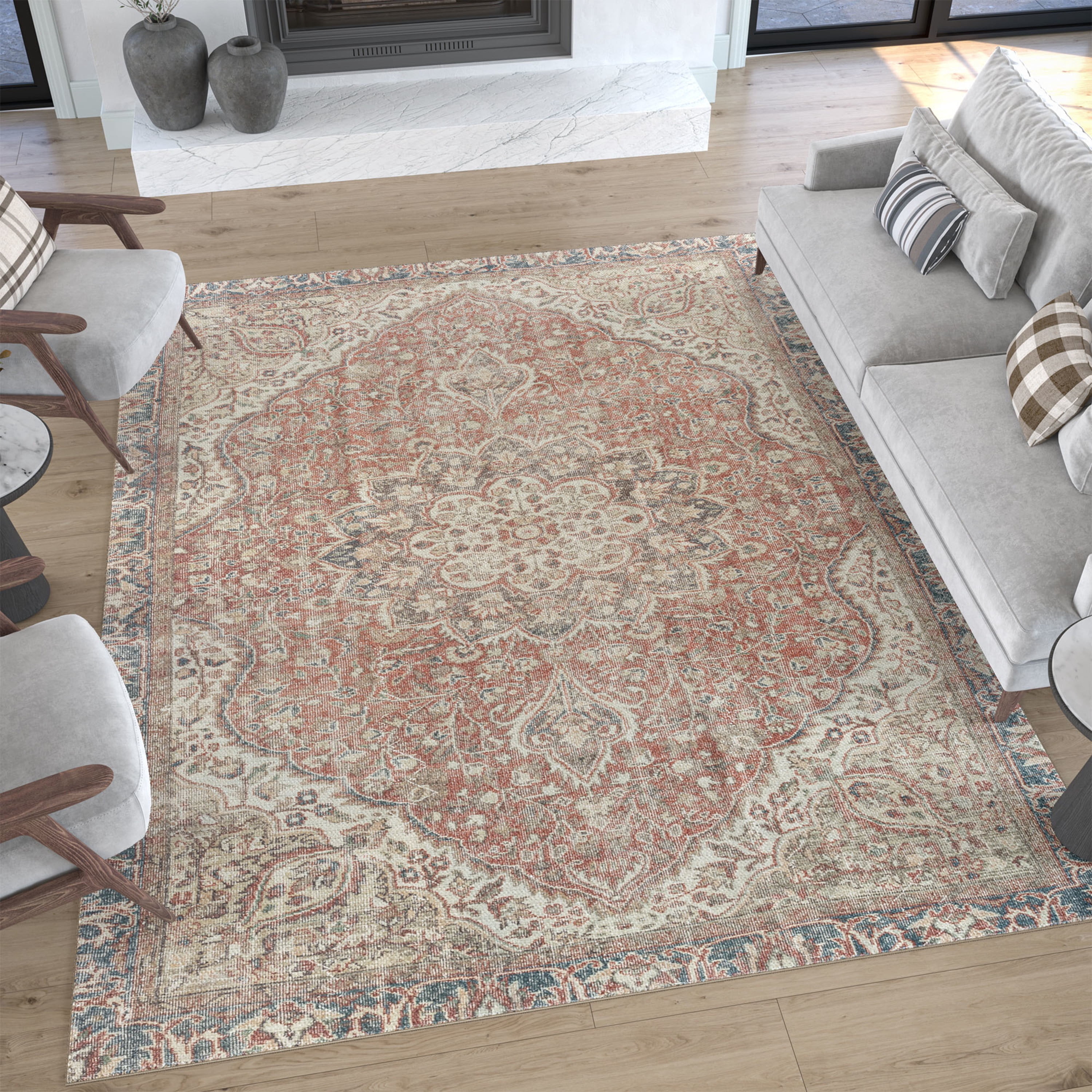 Traditional 8x10 Area Rug (7'11'' x 10'3'') Oriental Rust, Beige Living Room Easy to Clean Machine Washable