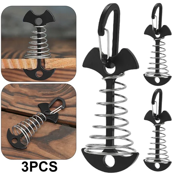 3/5/10PCS Spring Fishbone Deck Pegs Tent Stakes Awning Anchor Wind Rope Buckle with Carabiner Deck Fixed Nails Camping Tent Hook
