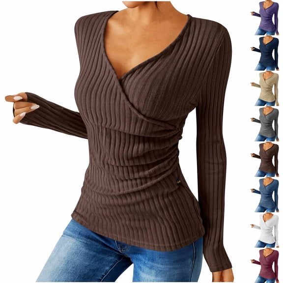 GUACER Women's V-Neck Wrap Sweaters Casual Loose Fit Long Sleeve Ribbed Knit Shirts for Fall Layering