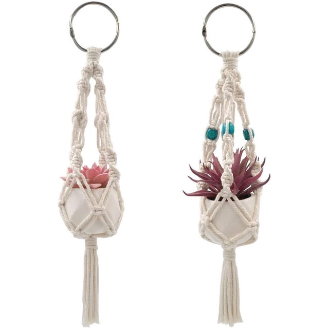 Apuakthei Mkono - Juego de 2 mini perchas de macramé para plantas con plantas suculentas artificiales, decoración bohemia para colgar en la pared, entrada, hogar, oficina, accesorios para coche,
