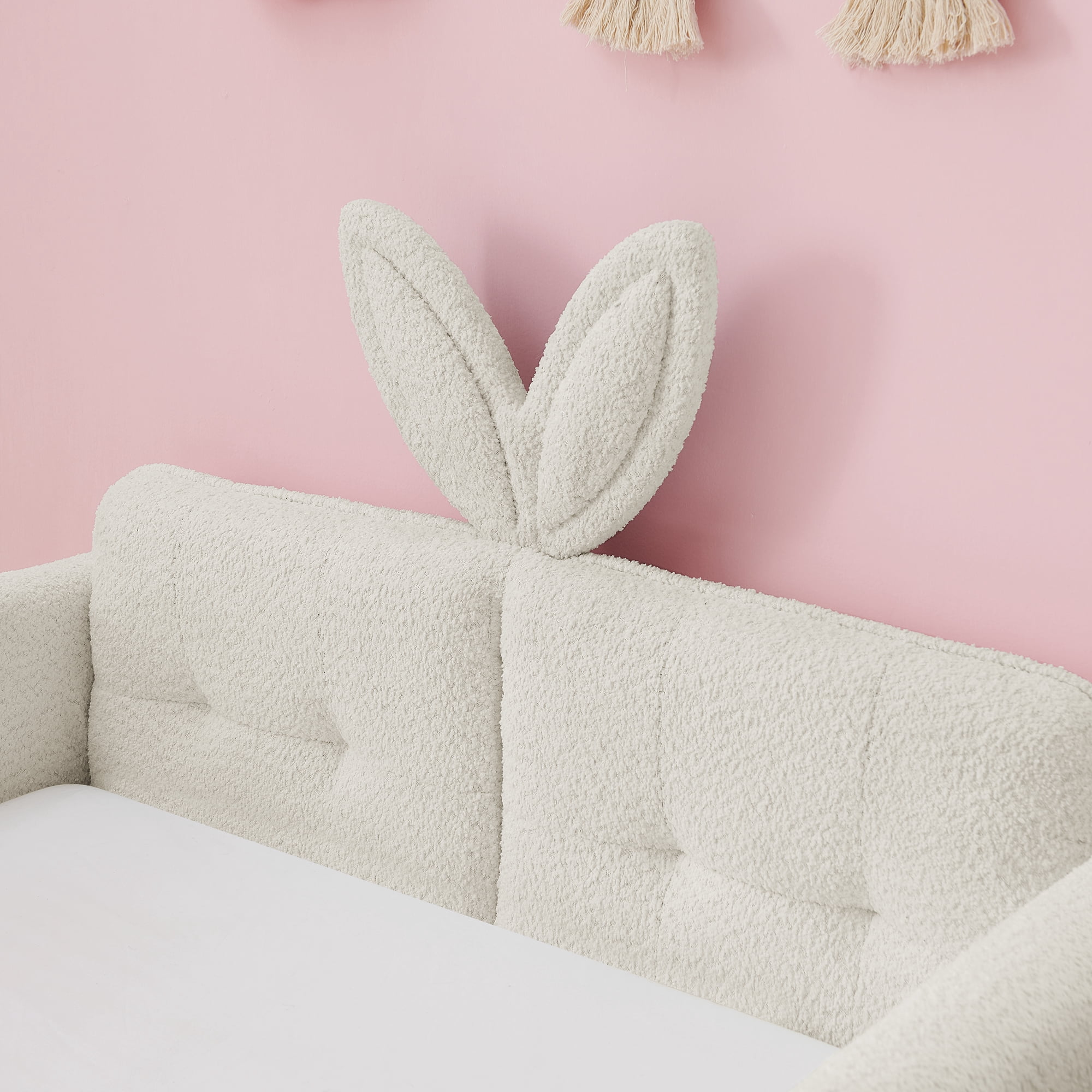 T-Joy Cute Kids Bed with Rail and Pocket, Boucle Wooden Platform Bed with Rabbit Ear, Twin Size, Beige
