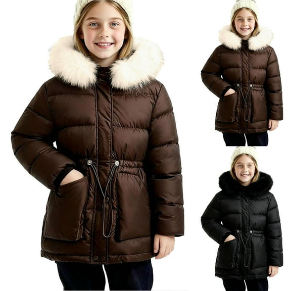 MKOSPLRT Puffer Jacket Kids 2-14Y Warm Quilted Winter Coats Faux Fur Hooded Zip Up Down Jackets Solid Fleece Lined Pea Coats with Pockets
