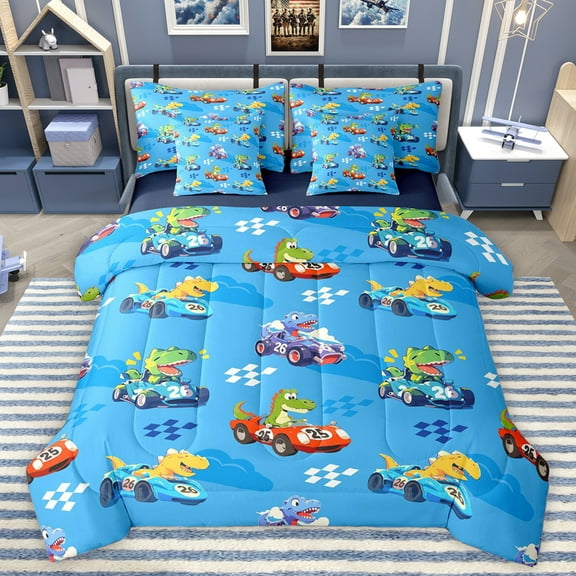 Homewish Extreme Sports Car 7-Piece Twin Bedding Sets,Wild Dinosaur Dino Bedding Comforter Set,Modern Geometric Rhombus Sheet Sets For Boys Kids,Breathable Home Decor Reversible