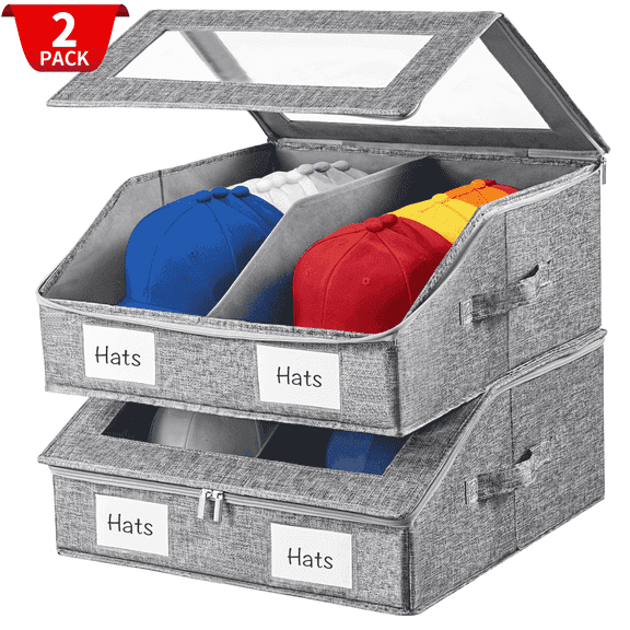 VOZOGO 2PCS 2-in-1 Hat Storage for Baseball Caps Holds 48 Caps Hat Organizer Stackable Hats Holder for Closet with Clear lid Cowboy Hat Box for Men Women, Grey