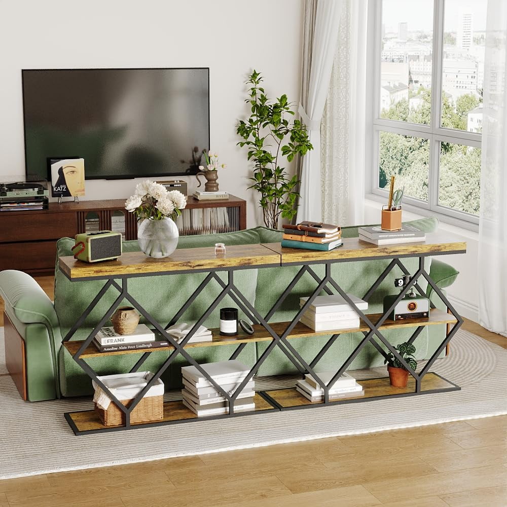 Litake 3-Tier Entryway Table, Industrial Console Sofa Table with Storage, Accent Table with Open Shelves, Diamond-Shaped Metal Frame, Foyer Table for Entryway, Hallway, Brown