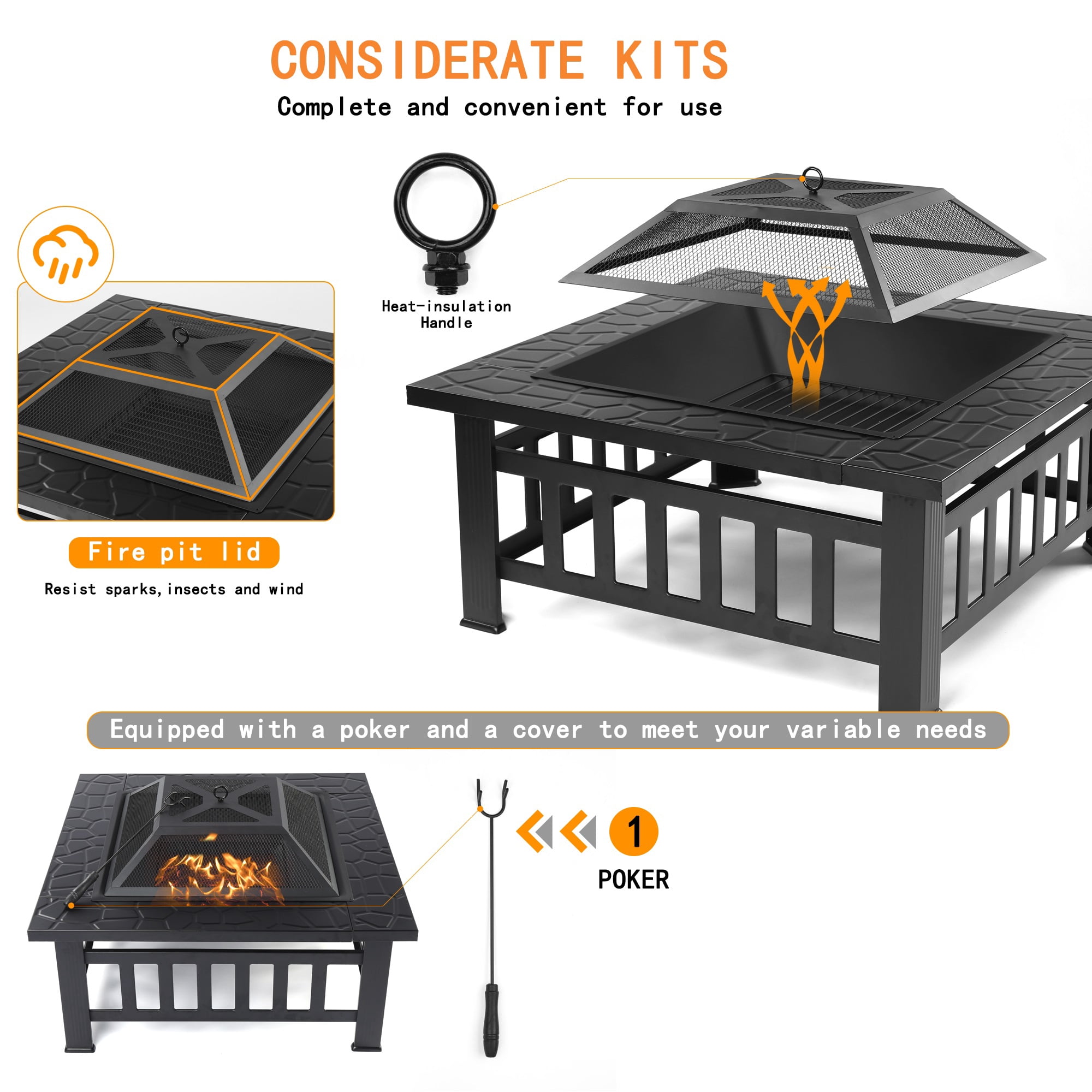 32" Deck Fire Pit for Outside, Premium Square Steel Fire Pit w/Mesh Screen Lid, Metal Fire Pit w/Poker, Multifunctional Heater/Grill/Ice Pit for Backyard Patio Garden BBQ Grill, S7044