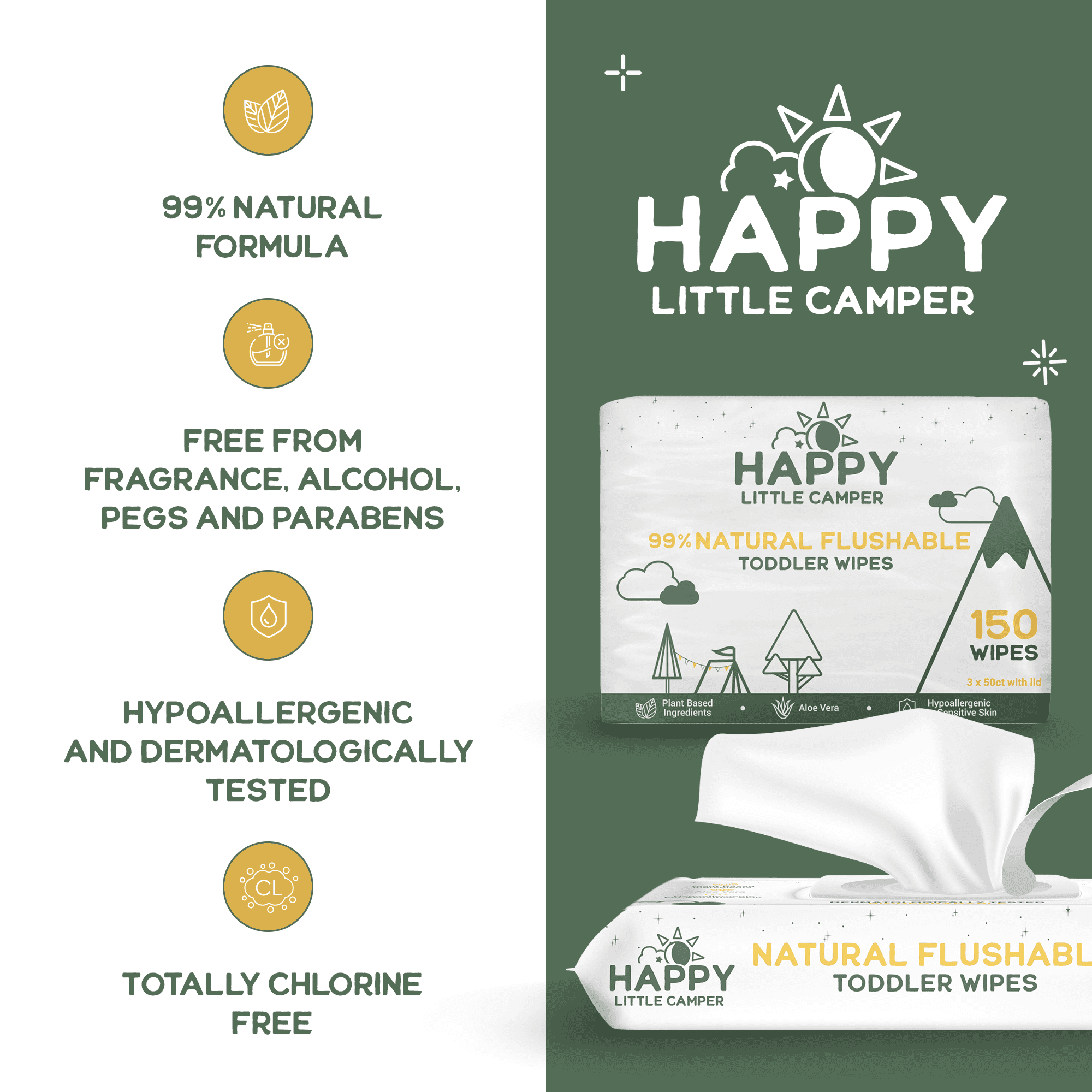 Happy Little Camper Natural Flushable Wipes Unscented 600 Count (12x 50ct)