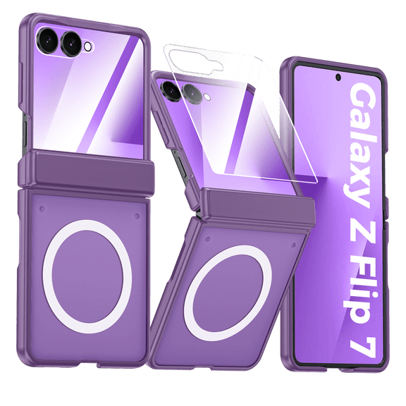 Oupeigar for Samsung Galaxy Z Flip 7 Phone Case,Compatible with MagSafe,Screen Protector,Anti-Fingerprint Translucent Matte Shockproof Case-Purple