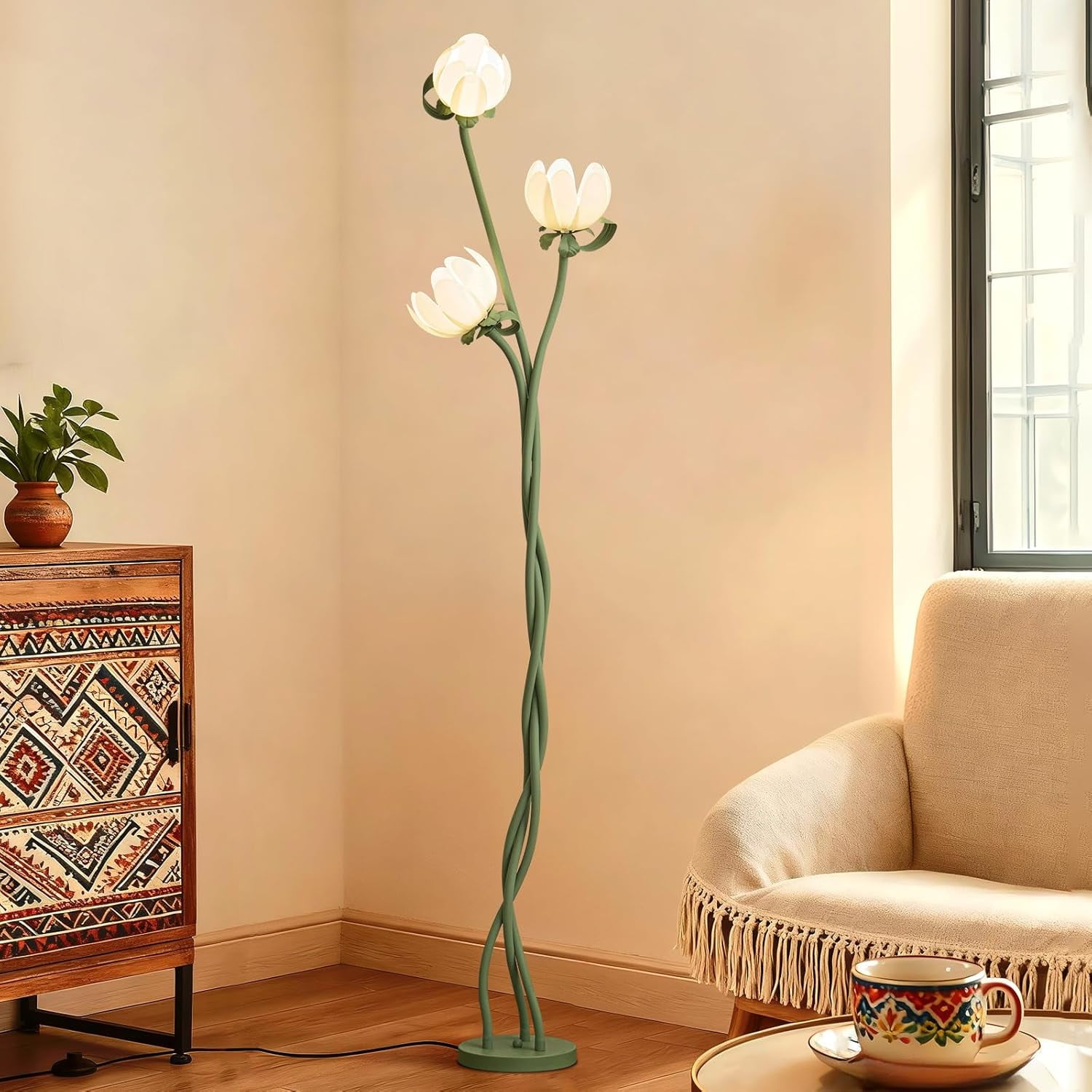 67" Vintage Floral Floor Lamp, 360° Adjustable Lamp Heads, Flexible Gooseneck Stems, Lotus Shades & Foot Switch (LED Bulbs Included)