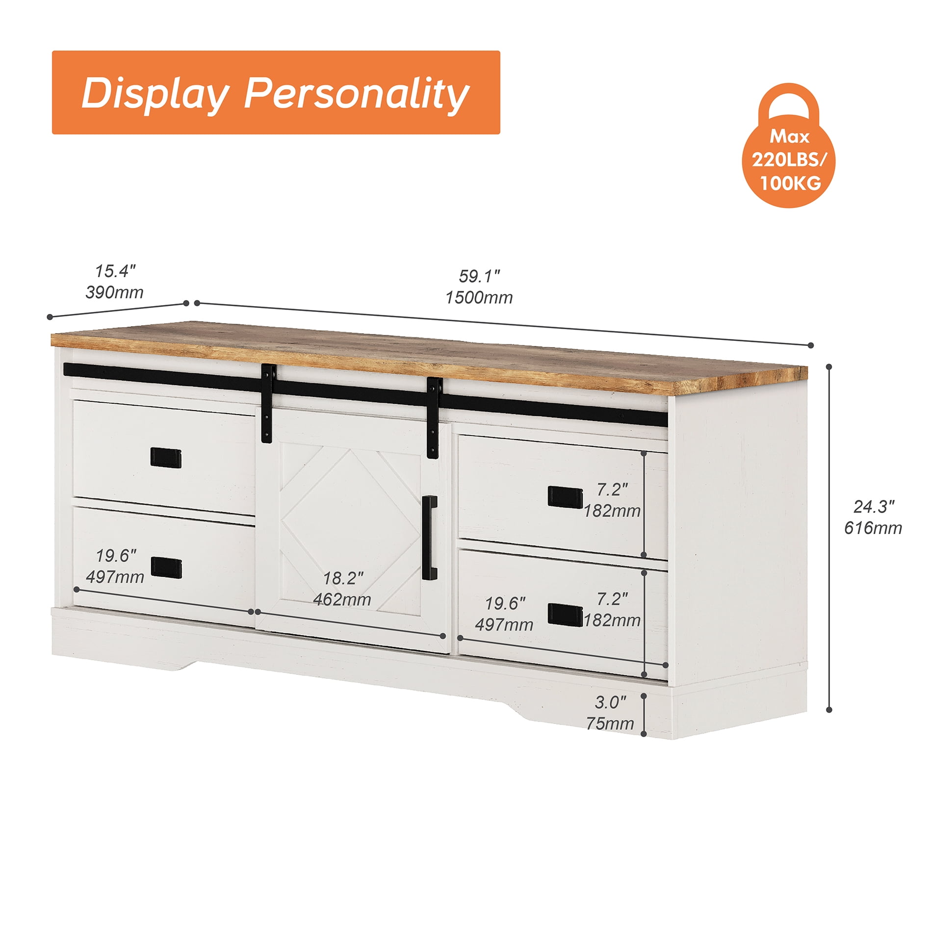 Wampat TV Stand Wood 65 inch TV Cream White with Barn Door & Rub Through Distressing