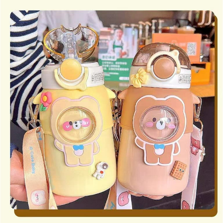 KABOER 1000ml Bear Bottle with Kawaii Sticker and Shoulder Strap Portable Kids  Water Bottle for School Trip 