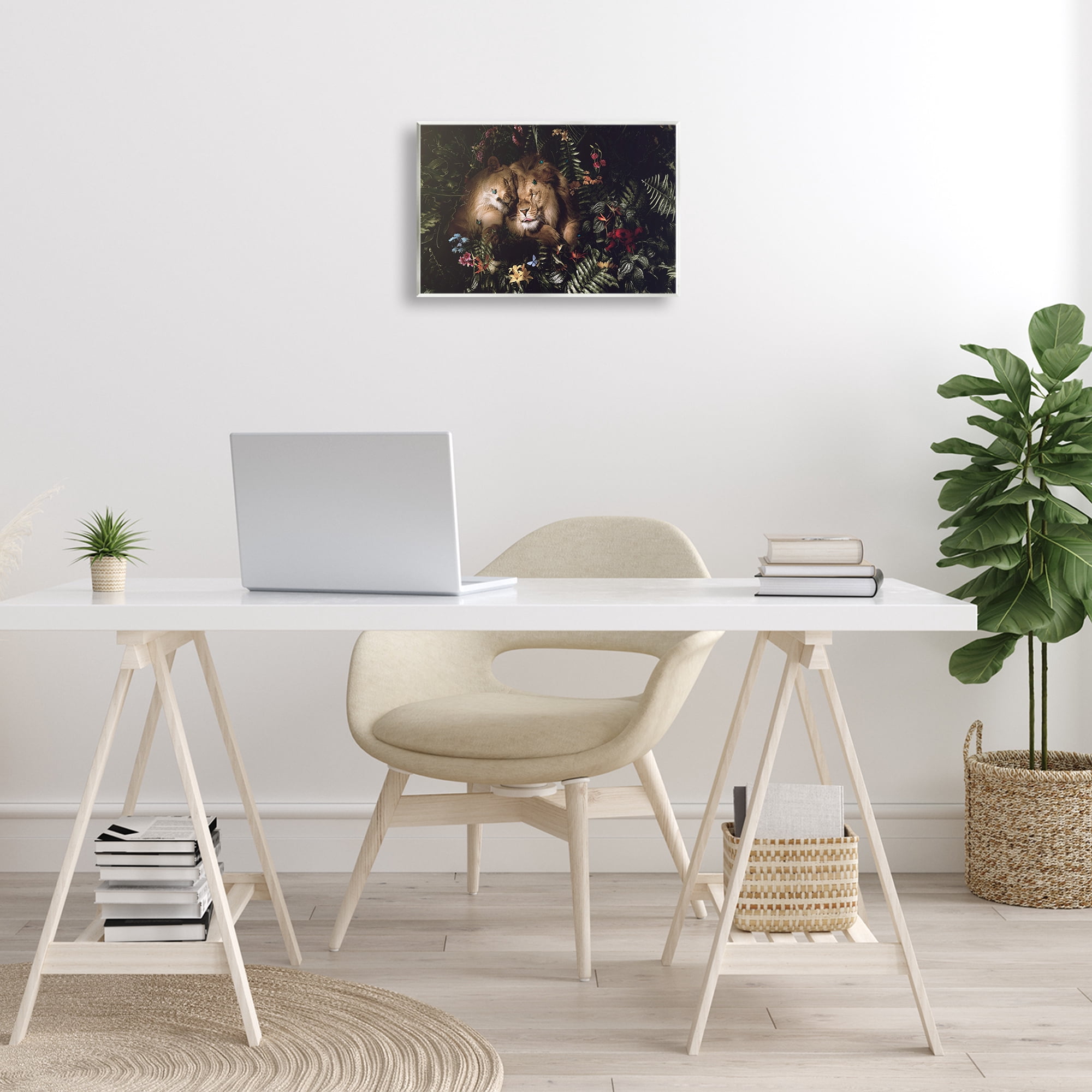 Stupell Industries Cuddling Lions Among Leaves Plants & Flowers Painting Unframed Art Print Wall Art, 15 x 10