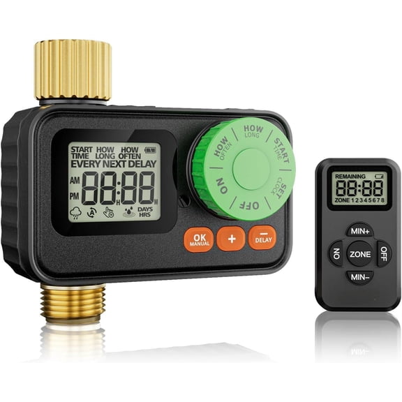 RF Remote Controlled Sprinkler Timer with Brass Inlet & Outlet, Programmable Water Timer for Garden Hose, Automatic | Manual | Rain Delay for Outdoor Faucet, Drip Irrigation and Lawn Watering