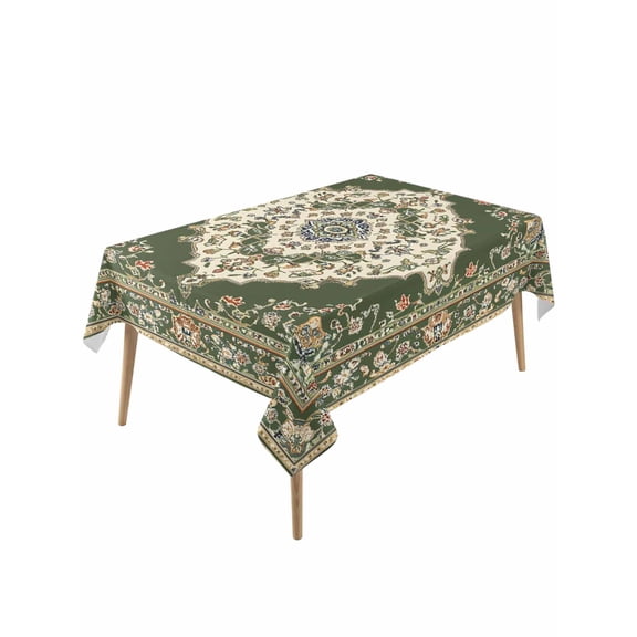Green Boho Table Cloth, Chic Traditional Antique Geometric Rustic Waterproof Tablecloth for Rectangle Tables, Reusable Washable Fabric Table Cover for Restaurant Kitchen Dining Tables 54"x108"