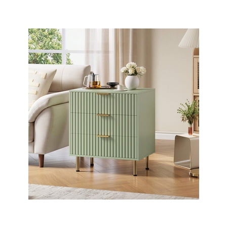 Fluted 3 Drawer Dresser for Bedroom Modern Chest of Drawers Bedside Nightstand with Metal Legs Wood Side Table Closet Storage Dresser Organizer for Living Room Entryway