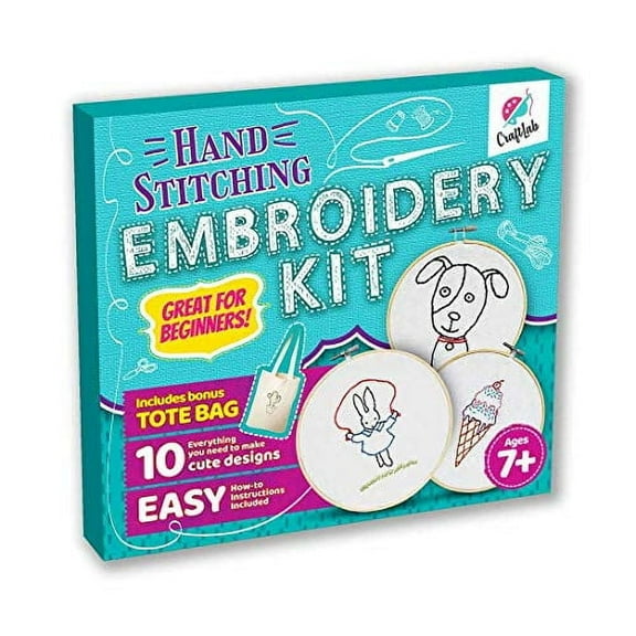 CraftLab Kids Embroidery Kit for Beginners, Kids Craft Starter Kit Gift for Ages 7 to 13, Includes 10 Projects, Embroidery Hoops, Fabric, Patterns,