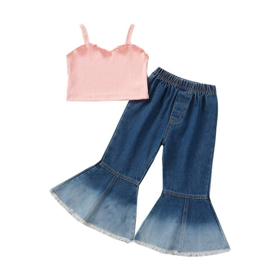 Baby Summer Clothes Toddler Girls 2pcs Sleeveless Suspenders Vest Flared Denim Jeans Pants Set Clothing Outfits