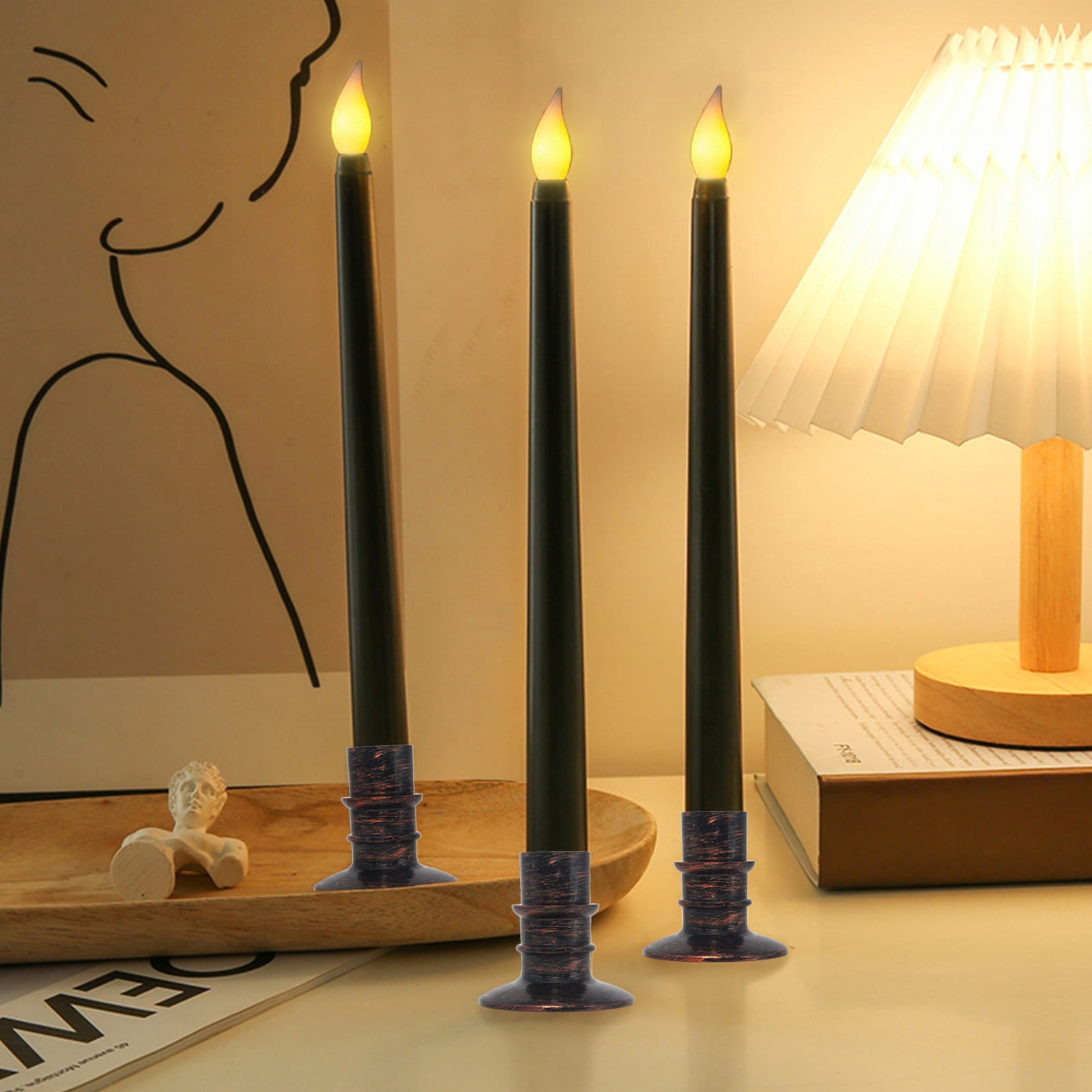 6 Pcs Flameless Tall Taper Candles With Base Battery Operated, Candle Light LED Plastic Flameless Candlesticks, Fake Candles Flickering Tapered Candles For Fireplace Dining table