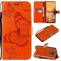 Wallet Case for Motorola Moto G Play 2021, Magnetic Flip Kickstand Emboss Butterfly PU Leather Protective Phone Cover with Wrist Strap & Card Slots, Orange