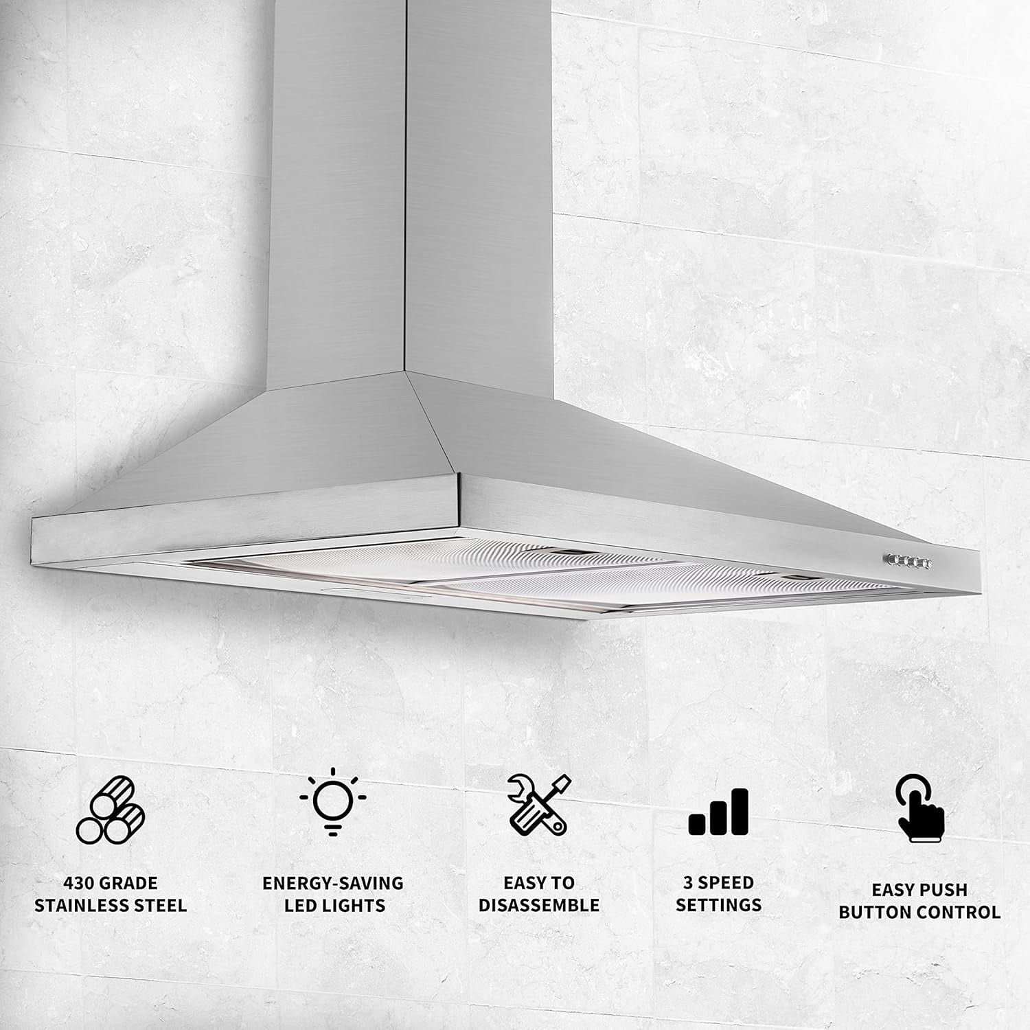 30 inch Wall Mount Range Hood 450 CFM with Ducted/Ductless Convertible Duct Stainless Steel Chimney-Style Over Stove Vent Hood with LED Light 3 Speed Exhaust Fan Black Hood Vents for Kitchen