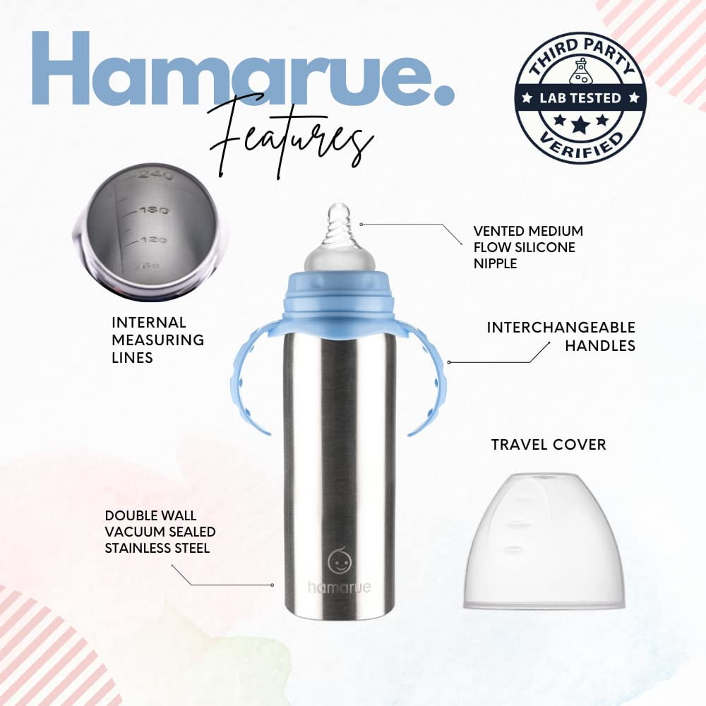 Hamarue 3-in-1 Stainless Steel Sippy Cups for Babies & Toddlers | Non-Toxic Insulated Baby Bottle | BPA-Free | Ages 3M+ | Evolving Feeding Solution