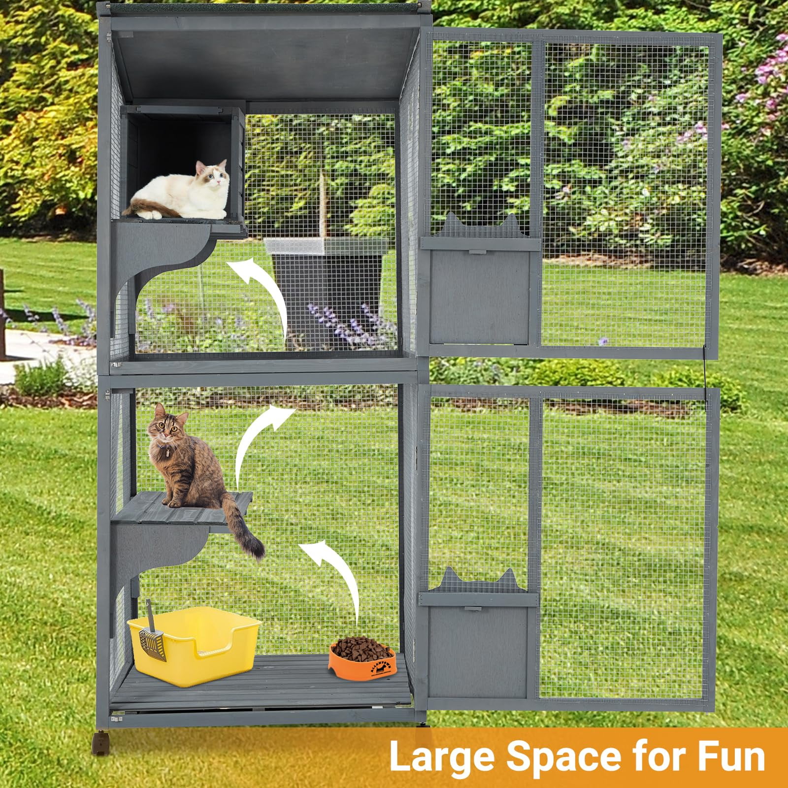 2-Tier Outdoor Cat House, Small Animal Cat Enclosure with 2 Lockable Doors, Catio with Waterproof Cover and Sunshine Panel Roof, Portable Kitty House with Resting Boxes & Fixable Wheels