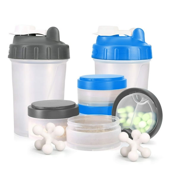 16 OZ Protein Workout Shaker Bottle with Mixer Ball and 2 Close-Connected Storage Jars for Pills, Snacks, Coffee, Tea. Beverage 100% BPA-Free, Non Toxic and Leak Proof Sports Bottle Blue + Grey