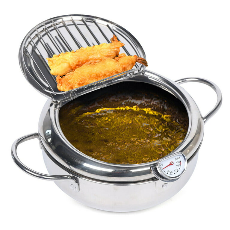 Miumaeov Deep Fryer Pot Stainless Steel Fry Pan with Temperature Display  and Oil Drip Rack Lid 2.2L Japanese Deep Frying Pot for French Fries  Tempura