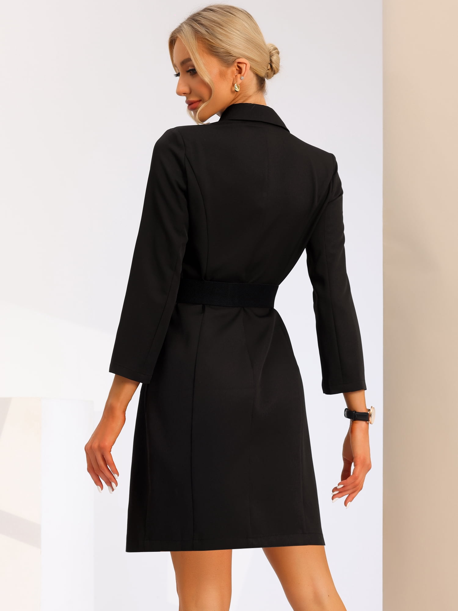 DARING DIVA Elegant Slit Sleeve Button Down Work Belted Blazer Dress L Black