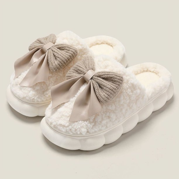 QYCKABY 2024 - Zapatillas de felpa con lazo grande para mujer, divertidas y elegantes, de algodón y piel, informales, cálidas, para interior y hogar