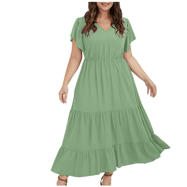 Plus Size Dress Flutter Sleeve V Neck Cute Tiered Ruffle Formal Casual Summer Dress Guest Maxi Dresses - Walmart.com