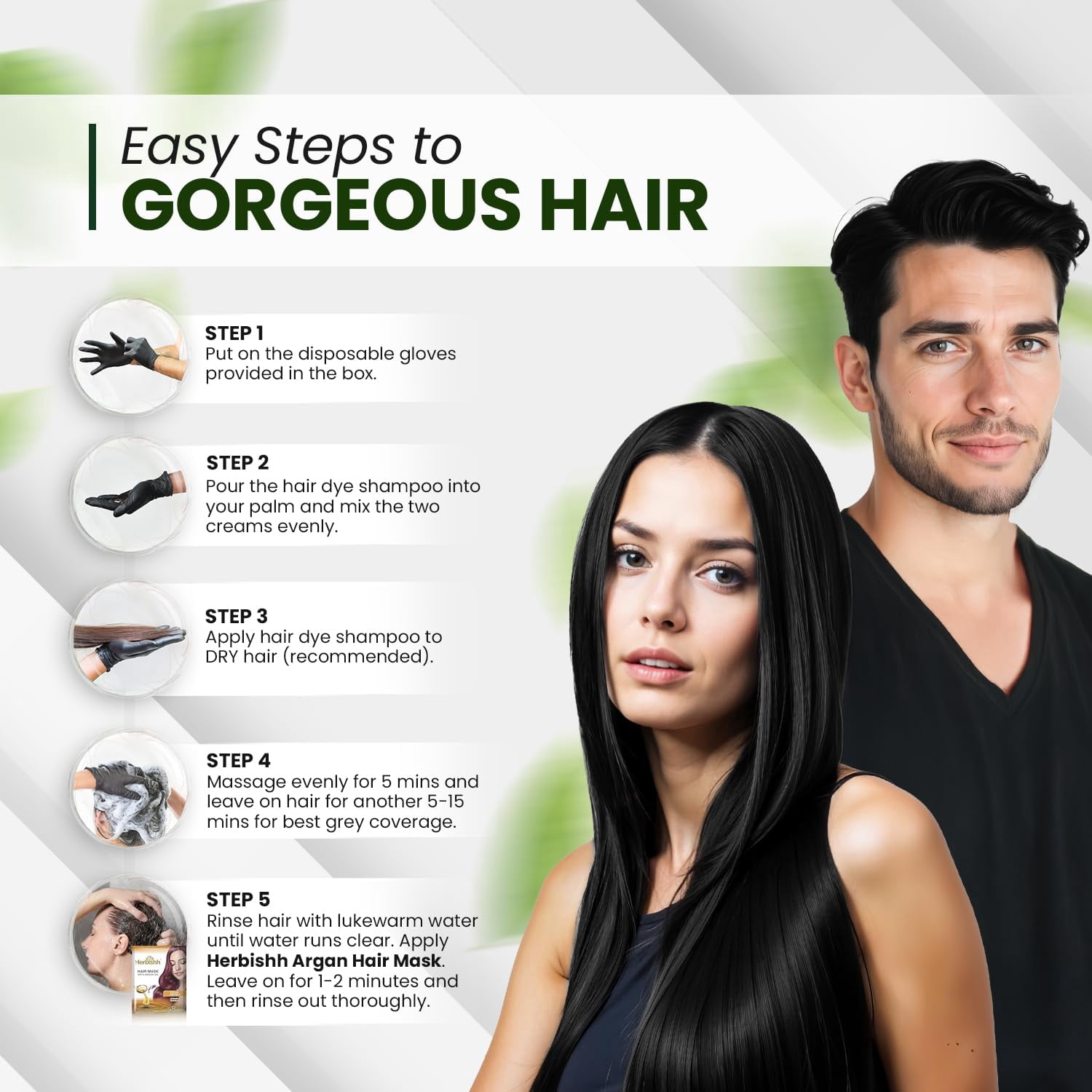 Herbishh Black Shampoo, Hair Dye Shampoo 3 in 1, 100% Grey Coverage, Demi-Permanent Hair Color for Men & Women, Long-lasting Color in 5-15 Mins, Ammonia-free, 200 ml