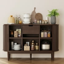 LINSY HOME Fluted Pantry Storage Cabinet, Kitchen Cabinets with Sliding Tambour Door, Wide Storage Cabinet with Removable & Adjustable Shelves for Dining Room, Living Room, Bathroom, Walnut