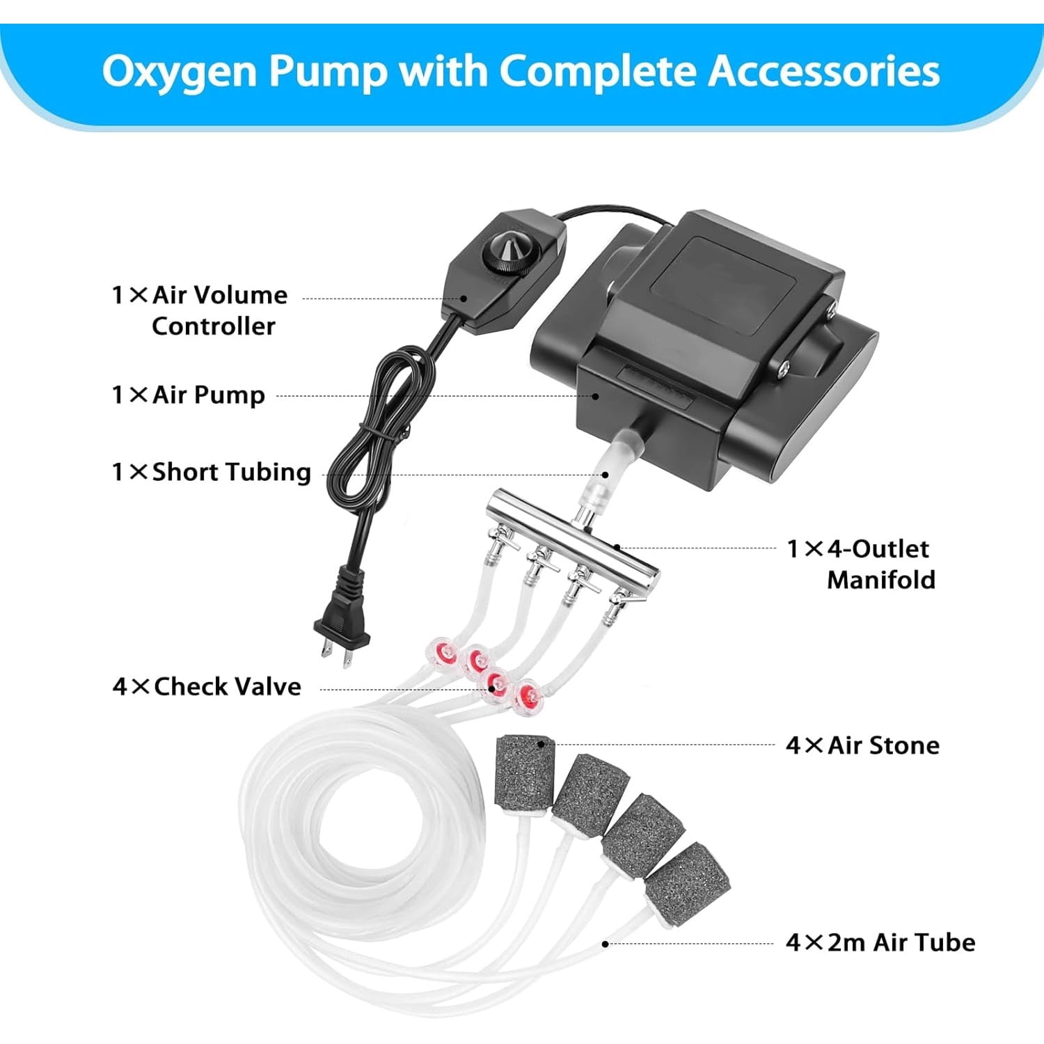 Powerful Aquarium Air Pump Adjustable Fish Oxygen Aerator Pump for Basement Aquarium Ponds Hydroponic 4 Outlets Commercial Air Pump Bubbler with Accessories for Fish Tank Up to 600Gal(10W,237GPH)