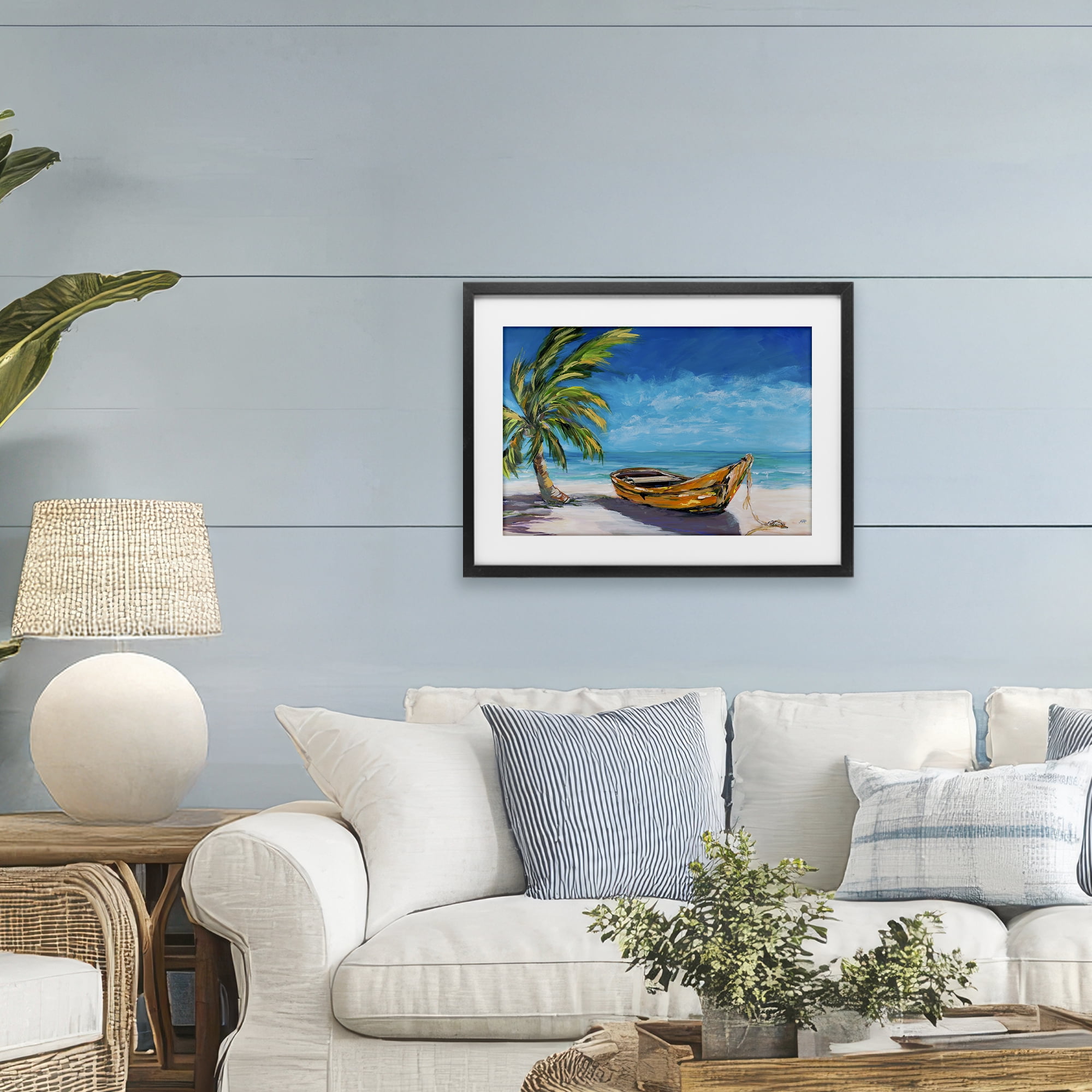 Stupell Industries Lost Island Palm & Boat Black Framed Print Under Glass, design by Julie DeRice