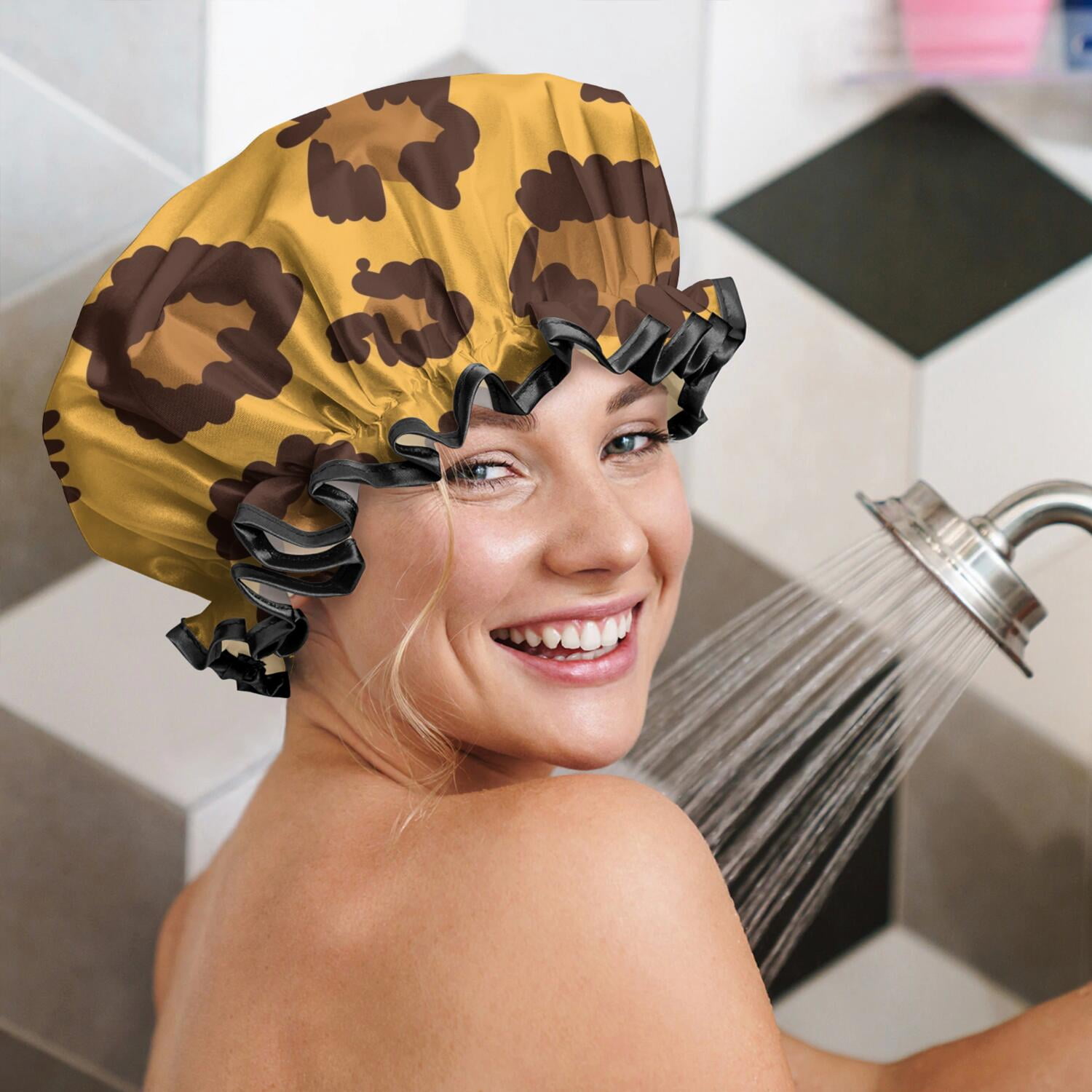 Shower Caps,Yellow and Black Of Leopard Print Waterproof Shower Cap for Women 4 Pieces,Double Reusable Hair Cover for Shower PEVA Elastic Stretch Hem