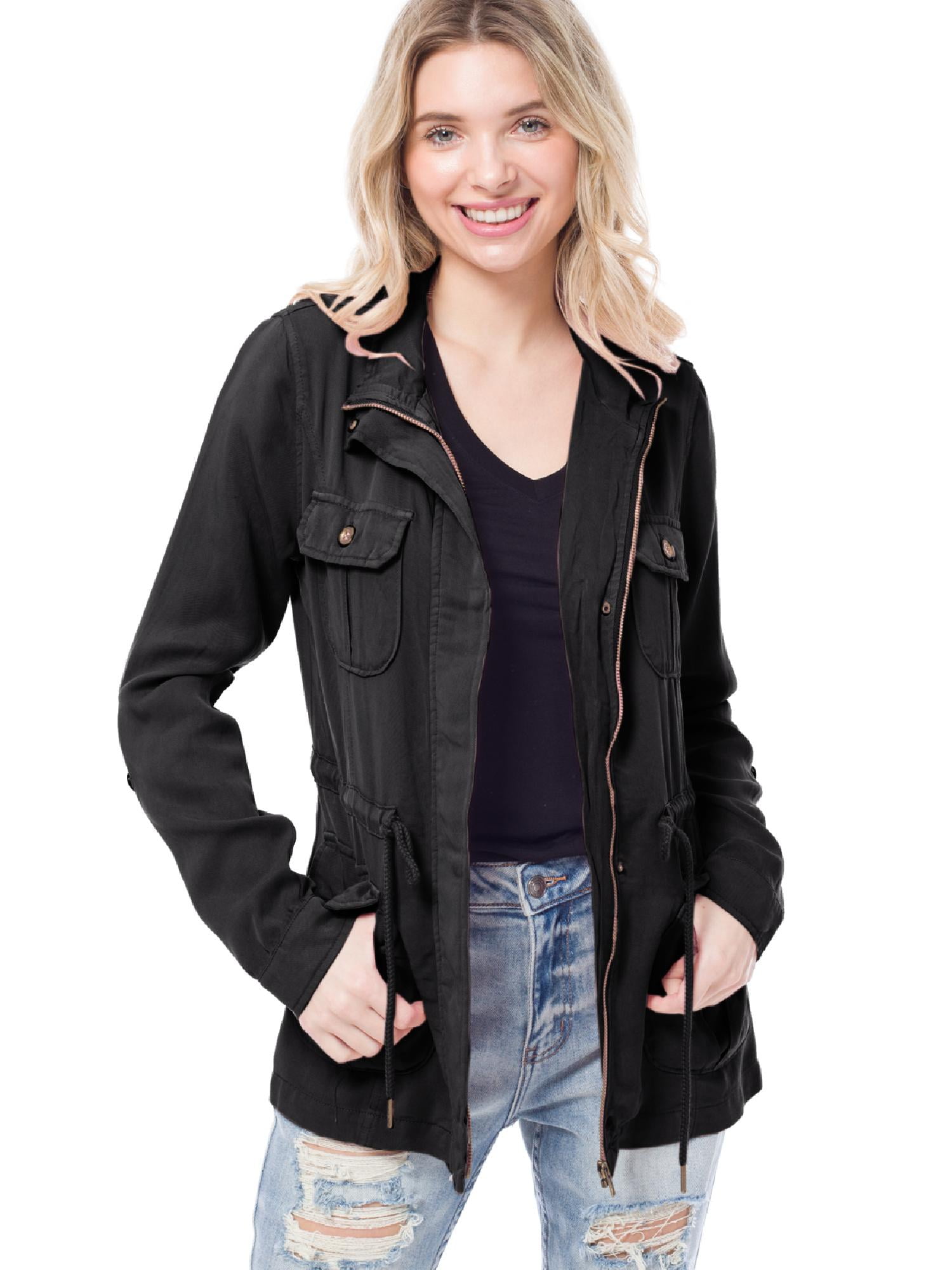 MixMatchy Women's Color Tencel Zip Up Snap Button Safari Military